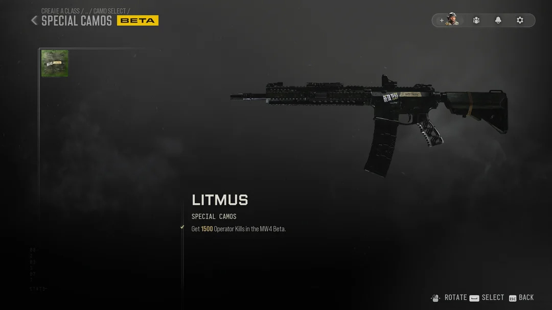 Litmus Special Camo in the MW4 beta camo menu, unlocked for 1500 operator kills