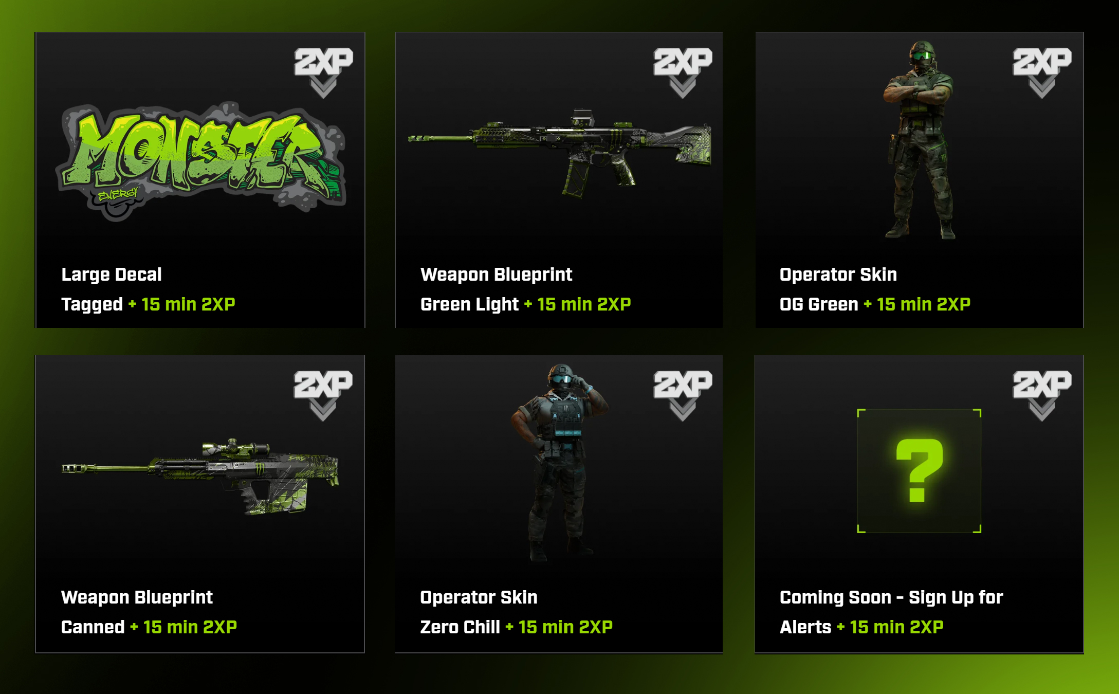All six MW4 Monster Energy rewards: the Tagged decal, the Green Light and Canned blueprints, the OG Green and Zero Chill operator skins and the hidden reward, each with 15 minutes of 2XP