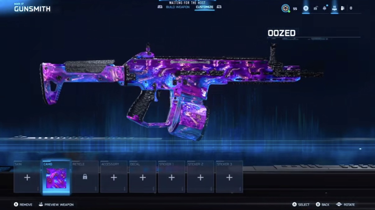 Oozed camo on the MXR-17 in the Black Ops 7 Gunsmith, a glossy purple and blue liquid finish